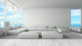 Le sofa en bois de plancher de salon intérieur moderne a placé le rendu de l'été 3d de vue de mer Conception intérieure minimale illustration libre de droits Le sofa en bois de plancher de salon intérieur moderne a placé le rendu de l'été 3d de vue de mer Conception intérieure minimale illustration libre de droits