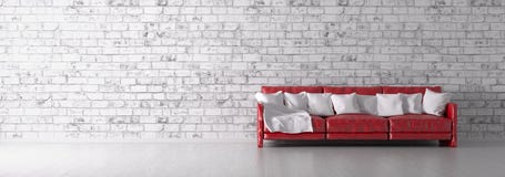 Le sofa rouge au-dessus du mur de briques 3d rendent illustration stock Le sofa rouge au-dessus du mur de briques 3d rendent illustration stock