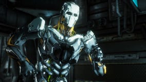 Le soldat de robot court par un tunnel futuriste de la science fiction avec les étincelles et la fumée, vue intérieure Animation illustration libre de droits Le soldat de robot court par un tunnel futuriste de la science fiction avec les étincelles et la fumée, vue intérieure Animation illustration libre de droits