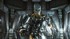 Le soldat de robot court par un tunnel futuriste de la science fiction avec les étincelles et la fumée, vue intérieure rendu 3d illustration de vecteur Le soldat de robot court par un tunnel futuriste de la science fiction avec les étincelles et la fumée, vue intérieure rendu 3d illustration de vecteur