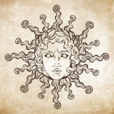 Le soleil antique tiré par la main de style avec le visage du dieu grec et romain Apollo Tatouage ou illustration instantané de v illustration de vecteur Le soleil antique tiré par la main de style avec le visage du dieu grec et romain Apollo Tatouage ou illustration instantané de v illustration de vecteur