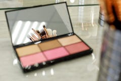 Le spazzole di trucco sono riflesse in uno specchio della tavolozza con le ombre immagine stock libera da diritti Le spazzole di trucco sono riflesse in uno specchio della tavolozza con le ombre immagine stock libera da diritti
