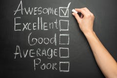 Le ticker est placé dans une boîte terrible sous forme d'enquête de satisfaction du client, sur un tableau noir avec la craie photo stock Le ticker est placé dans une boîte terrible sous forme d'enquête de satisfaction du client, sur un tableau noir avec la craie photo stock