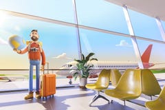 Le touriste de personnage de dessin animé maintient le monde entier sur la paume dans l'aéroport illustration 3D Concept de voyag illustration libre de droits Le touriste de personnage de dessin animé maintient le monde entier sur la paume dans l'aéroport illustration 3D Concept de voyag illustration libre de droits
