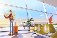 Le touriste de personnage de dessin animé tient la carte du monde dans des mains dans l'aéroport illustration 3D illustration stock Le touriste de personnage de dessin animé tient la carte du monde dans des mains dans l'aéroport illustration 3D illustration stock