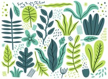 Leaves flat set. Tropical plants isolated on white background. Nature simple green floral. Minimal style fantasy stock illustration Leaves flat set. Tropical plants isolated on white background. Nature simple green floral. Minimal style fantasy stock illustration