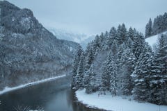 Lech river in winter time. Fussen. Germany.