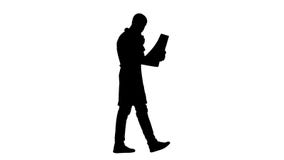 Lectura masculina joven del médico de la silueta y repaso de una exploración de cerebro de MRI mientras que camina almacen de metraje de vídeo Lectura masculina joven del médico de la silueta y repaso de una exploración de cerebro de MRI mientras que camina almacen de metraje de vídeo