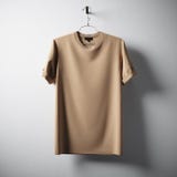 Leeres Brown-Baumwollt-shirt, das konkreten weißen leeren Mittelhintergrund hängt Modell-in hohem Grade ausführliche Beschaffenhe stockfoto Leeres Brown-Baumwollt-shirt, das konkreten weißen leeren Mittelhintergrund hängt Modell-in hohem Grade ausführliche Beschaffenhe stockfoto