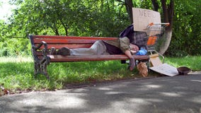 Lengte met oude gedronken landloper, die op bank in de straat slapen stock video Lengte met oude gedronken landloper, die op bank in de straat slapen stock video
