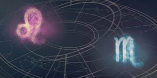 Leo and Scorpio horoscope signs compatibility. Night sky Abstrac. T background royalty free stock images Leo and Scorpio horoscope signs compatibility. Night sky Abstrac. T background royalty free stock images