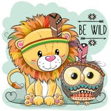 Leone tribale e gufo del fumetto sveglio royalty illustrazione gratis Leone tribale e gufo del fumetto sveglio royalty illustrazione gratis
