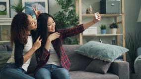 Les belles jeunes dames prennent le selfie avec le smartphone à la maison regardant l'écran, souriant et posant pour la caméra je banque de vidéos Les belles jeunes dames prennent le selfie avec le smartphone à la maison regardant l'écran, souriant et posant pour la caméra je banque de vidéos