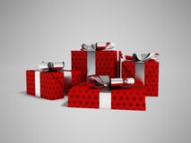 Les cadeaux dans un label rouge de papier avec un arc noir 3d rendent sur un gris illustration libre de droits Les cadeaux dans un label rouge de papier avec un arc noir 3d rendent sur un gris illustration libre de droits
