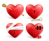 Les coeurs rouges dirigent l'ensemble 3d réaliste avec des flèches, des trous principaux, le puzzle et des bandages illustration de vecteur Les coeurs rouges dirigent l'ensemble 3d réaliste avec des flèches, des trous principaux, le puzzle et des bandages illustration de vecteur