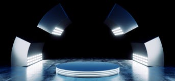 Les couleurs vibrantes bleues au néon futuristes modernes de Sci fi avec l'étape vide Hall Glowing With Big White de cercle allum illustration libre de droits Les couleurs vibrantes bleues au néon futuristes modernes de Sci fi avec l'étape vide Hall Glowing With Big White de cercle allum illustration libre de droits