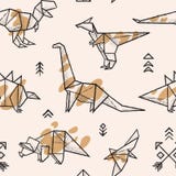 Les dinosaures d'origami avec éclabousse le modèle sans couture Illustration tirée par la main à la mode de vecteur Photo libre de droits Les dinosaures d'origami avec éclabousse le modèle sans couture Illustration tirée par la main à la mode de vecteur Photo libre de droits