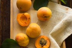 Les divers abricots mûrs frais sur les feuilles extérieures en bois porte des fruits des abricots à bord des abricots coupés dans Images stock Les divers abricots mûrs frais sur les feuilles extérieures en bois porte des fruits des abricots à bord des abricots coupés dans Images stock