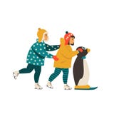 Les enfants apprennent le patinage de glace tout en se tenant dessus sur le pingouin illustration libre de droits Les enfants apprennent le patinage de glace tout en se tenant dessus sur le pingouin illustration libre de droits