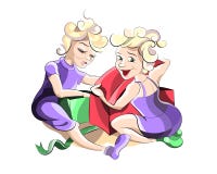 Les enfants heureux ouvrent des boîtes avec des cadeaux illustration libre de droits Les enfants heureux ouvrent des boîtes avec des cadeaux illustration libre de droits