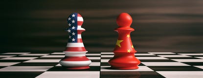 Les Etats-Unis et drapeaux de la Chine sur des gages d'échecs sur un échiquier illustration 3D illustration stock Les Etats-Unis et drapeaux de la Chine sur des gages d'échecs sur un échiquier illustration 3D illustration stock