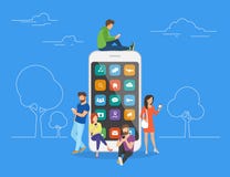Les gens avec des instruments utilisant des smartphones dehors illustration de vecteur Les gens avec des instruments utilisant des smartphones dehors illustration de vecteur