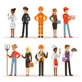 Les gens groupent en différentes professions Pompier, médecin et professeur Constructeur, policier et messager Caractères de vect illustration de vecteur Les gens groupent en différentes professions Pompier, médecin et professeur Constructeur, policier et messager Caractères de vect illustration de vecteur