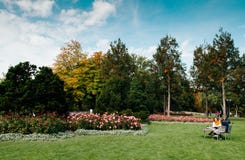 Les gens s'asseyent sur le banc en parc de Rosengarten en automne tôt photo stock Les gens s'asseyent sur le banc en parc de Rosengarten en automne tôt photo stock