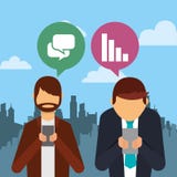 Les gens à l'aide du dispositif de smartphone avec les bulles de la parole et le fond de ville illustration libre de droits Les gens à l'aide du dispositif de smartphone avec les bulles de la parole et le fond de ville illustration libre de droits