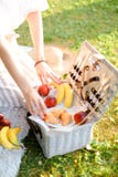 Les mains femelles ont mis des fruits dans la boîte pour le pique-nique, herbe à l'arrière-plan image libre de droits Les mains femelles ont mis des fruits dans la boîte pour le pique-nique, herbe à l'arrière-plan image libre de droits