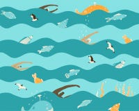 Les nageurs nagent en mer avec les animaux marins illustration stock Les nageurs nagent en mer avec les animaux marins illustration stock