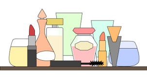 Les parfums et les articles de cosmétique ont arrangé sur une étagère, conception simple illustration stock Les parfums et les articles de cosmétique ont arrangé sur une étagère, conception simple illustration stock
