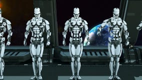 Les soldats de robots sur un vaisseau spatial saluent dans la perspective de l'univers et des planètes r illustration libre de droits Les soldats de robots sur un vaisseau spatial saluent dans la perspective de l'univers et des planètes r illustration libre de droits