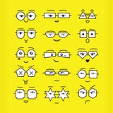 Les visages noirs mignons d'émoticônes avec les icônes géométriques de lunettes ont placé sur le fond jaune illustration libre de droits Les visages noirs mignons d'émoticônes avec les icônes géométriques de lunettes ont placé sur le fond jaune illustration libre de droits