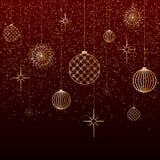 Les étoiles de jouets de boules d'or de fond de Noël neigent scintillement sur un fond rouge un fond de fête pendant Noël et la n illustration stock Les étoiles de jouets de boules d'or de fond de Noël neigent scintillement sur un fond rouge un fond de fête pendant Noël et la n illustration stock