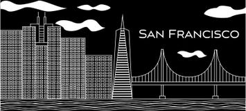 Letras blancas de San Francisco Vector con los rascacielos y puente Golden Gate en fondo negro Postal del viaje ilustración del vector Letras blancas de San Francisco Vector con los rascacielos y puente Golden Gate en fondo negro Postal del viaje ilustración del vector