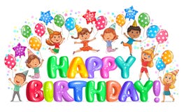 Letras grandes do feliz aniversario e crianças bonitos Foto de Stock Letras grandes do feliz aniversario e crianças bonitos Foto de Stock