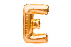 Letter E made of golden inflatable helium balloon isolated on white. Gold foil balloon font part of full alphabet set of upper