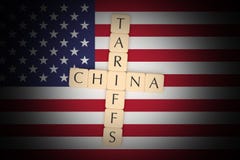 Letter Tiles Tariffs And China With US Flag, 3d illustration stock illustration Letter Tiles Tariffs And China With US Flag, 3d illustration stock illustration