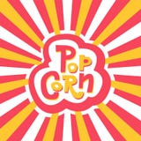 Lettering Sticker Popcorn on striped rays from the center red, yellow and white background. Hand drawn vector sign stock illustration Lettering Sticker Popcorn on striped rays from the center red, yellow and white background. Hand drawn vector sign stock illustration