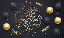 Lettrage d'or de calligraphie de flourish de Feliz Ano Nuevo Spanish Happy New Year Navidad de design de carte de biais de saluta illustration libre de droits Lettrage d'or de calligraphie de flourish de Feliz Ano Nuevo Spanish Happy New Year Navidad de design de carte de biais de saluta illustration libre de droits