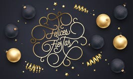 Lettrage d'or de calligraphie de Joyeux Noël de fiestas de Felices de flourish espagnol de Navidad de la typographie de biais d'o illustration stock Lettrage d'or de calligraphie de Joyeux Noël de fiestas de Felices de flourish espagnol de Navidad de la typographie de biais d'o illustration stock
