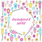 Lettrage de main de vente de bouquet Fleurs, coeurs et leav tirés par la main illustration stock Lettrage de main de vente de bouquet Fleurs, coeurs et leav tirés par la main illustration stock