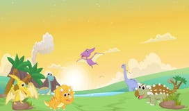 Leuk dinosaurussenbeeldverhaal met voorhistorisch landschap stock illustratie Leuk dinosaurussenbeeldverhaal met voorhistorisch landschap stock illustratie