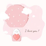 Leuk draag het houden groot hart in hete luchtballon die in roze hemel drijven vector illustratie Leuk draag het houden groot hart in hete luchtballon die in roze hemel drijven vector illustratie
