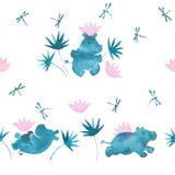 Leuk roze en blauw waterverf naadloos patroon met hippobabys die van de beeldverhaalstijl met water lillies bloemen spelen en vector illustratie Leuk roze en blauw waterverf naadloos patroon met hippobabys die van de beeldverhaalstijl met water lillies bloemen spelen en vector illustratie