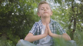 Leuk weinig knappe jongenszitting op gras het mediteren De yoga van kindpraktijken De geestelijke ontwikkeling van jonge geitjes stock video Leuk weinig knappe jongenszitting op gras het mediteren De yoga van kindpraktijken De geestelijke ontwikkeling van jonge geitjes stock video