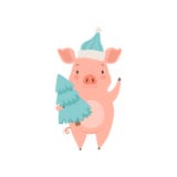 Leuk weinig varken die Kerstmanhoed dragen die zich met spar, grappige het karakter vectorillustratie van het biggetjebeeldverhaa royalty-vrije illustratie Leuk weinig varken die Kerstmanhoed dragen die zich met spar, grappige het karakter vectorillustratie van het biggetjebeeldverhaa royalty-vrije illustratie