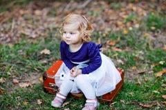 Leuk weinig zitting van het peutermeisje op koffer in de herfstpark Het gelukkige gezonde baby genieten die met ouders lopen zonn stock foto's Leuk weinig zitting van het peutermeisje op koffer in de herfstpark Het gelukkige gezonde baby genieten die met ouders lopen zonn stock foto's