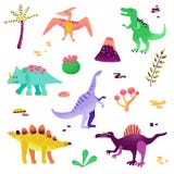 Leuke die dinosaurussen op witte achtergrond worden geïsoleerd Dinosaurusvoetafdruk, Vulkaan, Palm, Stenen Baby Dino Collection stock illustratie Leuke die dinosaurussen op witte achtergrond worden geïsoleerd Dinosaurusvoetafdruk, Vulkaan, Palm, Stenen Baby Dino Collection stock illustratie